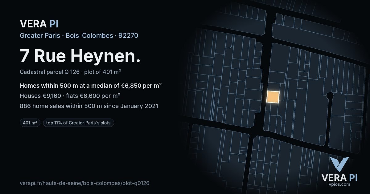 7 Rue Heynen, Bois-Colombes at night – the plot lit, the parcels around coloured by the prices near them