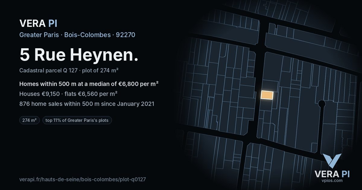 5 Rue Heynen, Bois-Colombes at night – the plot lit, the parcels around coloured by the prices near them