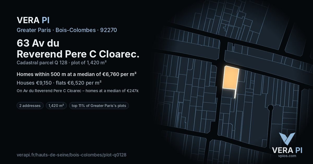 63 Av du Reverend Pere C Cloarec, Bois-Colombes at night – the plot lit, the parcels around coloured by the prices near them