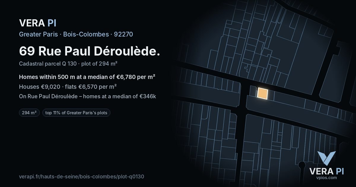 69 Rue Paul Déroulède, Bois-Colombes at night – the plot lit, the parcels around coloured by the prices near them