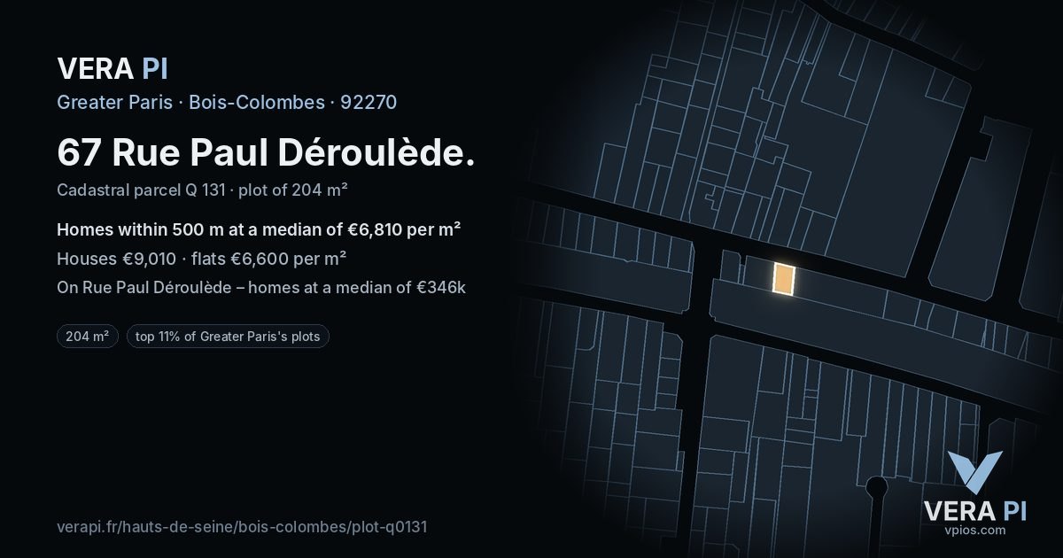 67 Rue Paul Déroulède, Bois-Colombes at night – the plot lit, the parcels around coloured by the prices near them