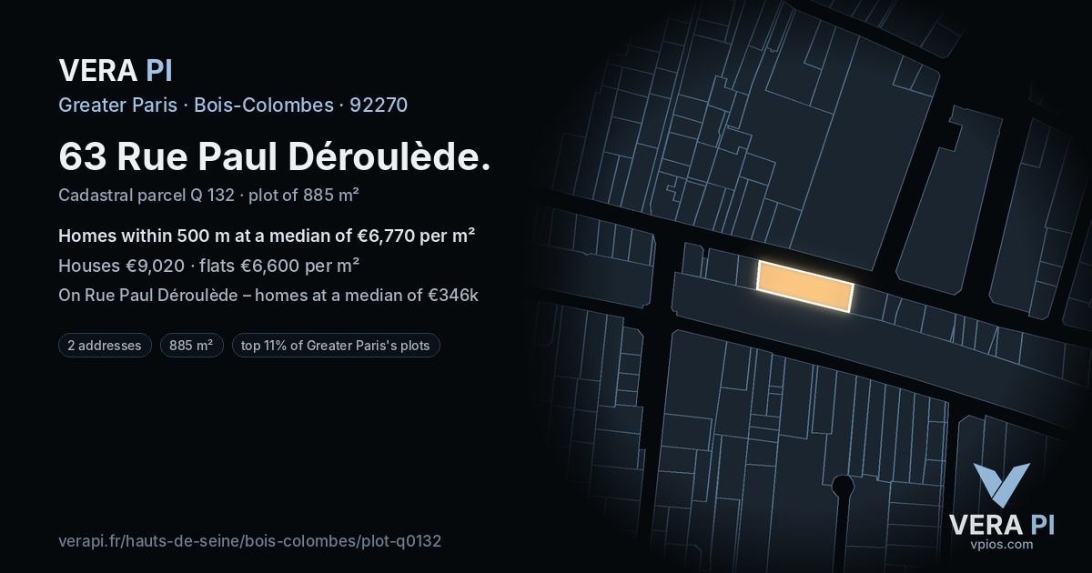 63 Rue Paul Déroulède, Bois-Colombes at night – the plot lit, the parcels around coloured by the prices near them