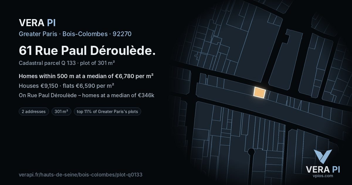 61 Rue Paul Déroulède, Bois-Colombes at night – the plot lit, the parcels around coloured by the prices near them