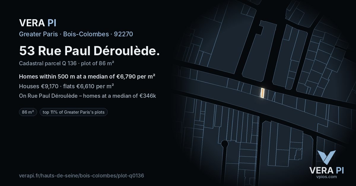 53 Rue Paul Déroulède, Bois-Colombes at night – the plot lit, the parcels around coloured by the prices near them