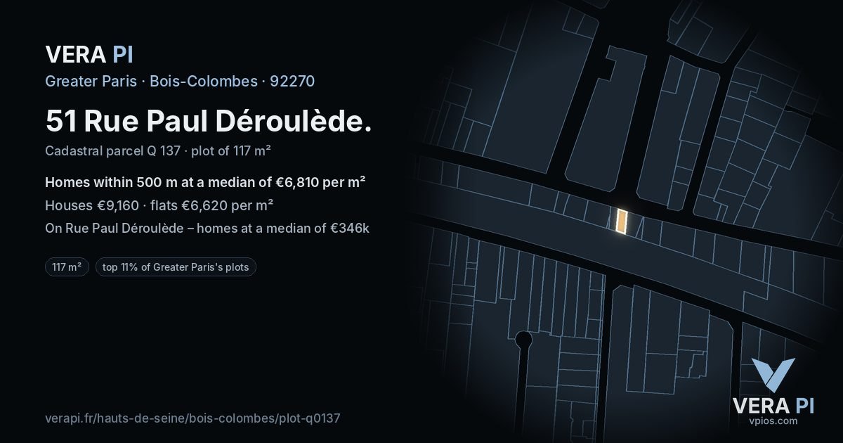 51 Rue Paul Déroulède, Bois-Colombes at night – the plot lit, the parcels around coloured by the prices near them