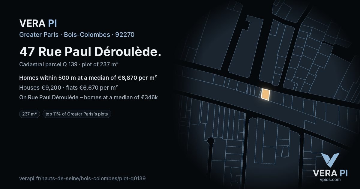 47 Rue Paul Déroulède, Bois-Colombes at night – the plot lit, the parcels around coloured by the prices near them