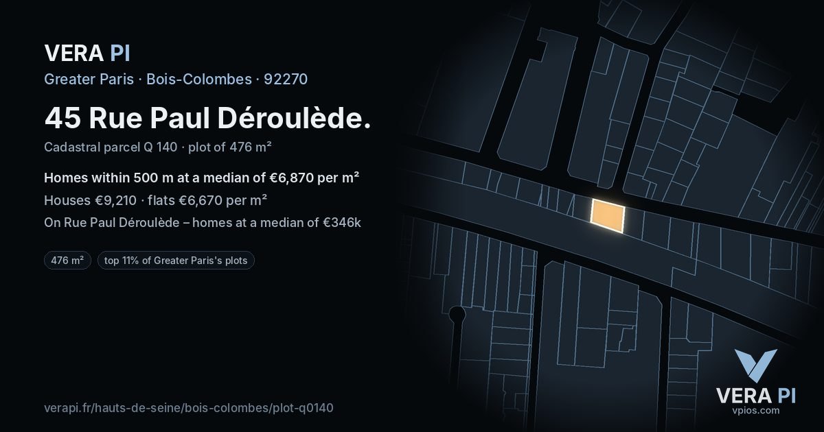 45 Rue Paul Déroulède, Bois-Colombes at night – the plot lit, the parcels around coloured by the prices near them