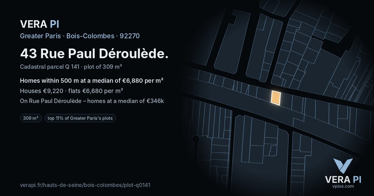 43 Rue Paul Déroulède, Bois-Colombes at night – the plot lit, the parcels around coloured by the prices near them