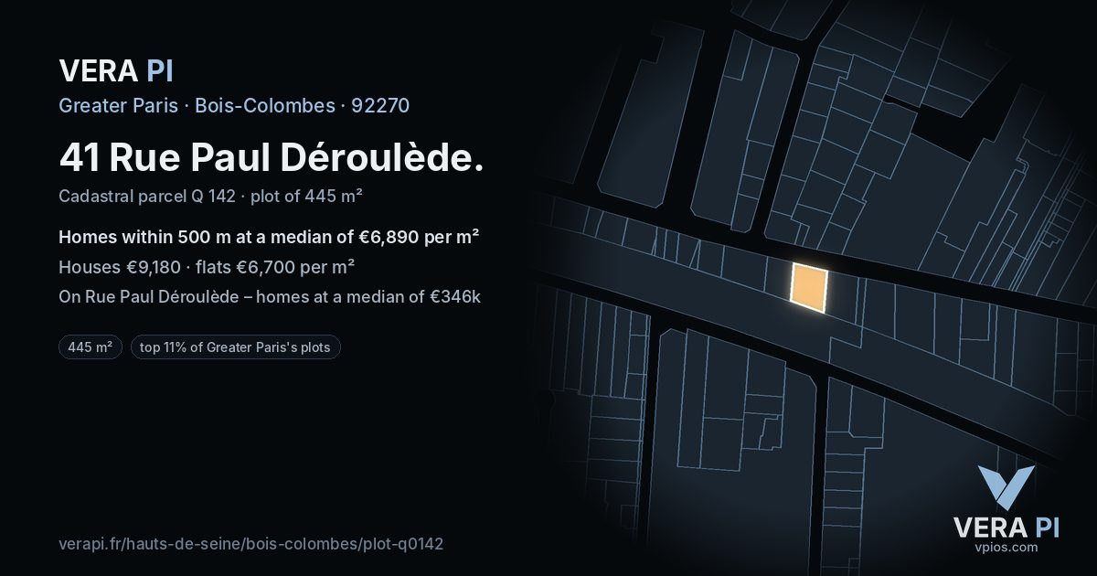 41 Rue Paul Déroulède, Bois-Colombes at night – the plot lit, the parcels around coloured by the prices near them