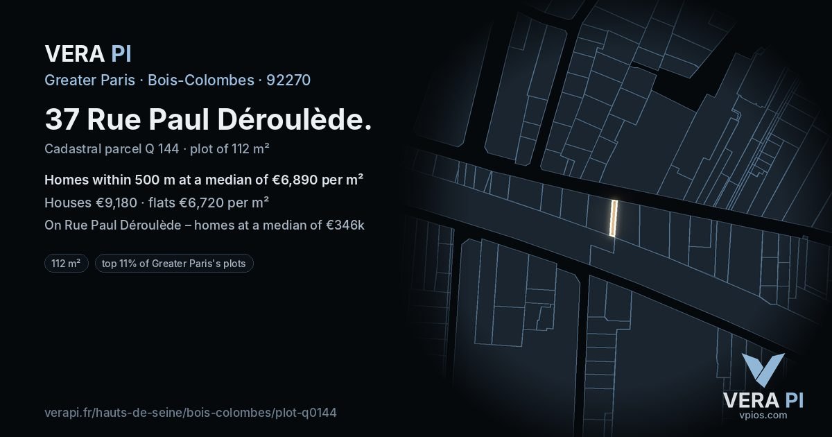 37 Rue Paul Déroulède, Bois-Colombes at night – the plot lit, the parcels around coloured by the prices near them