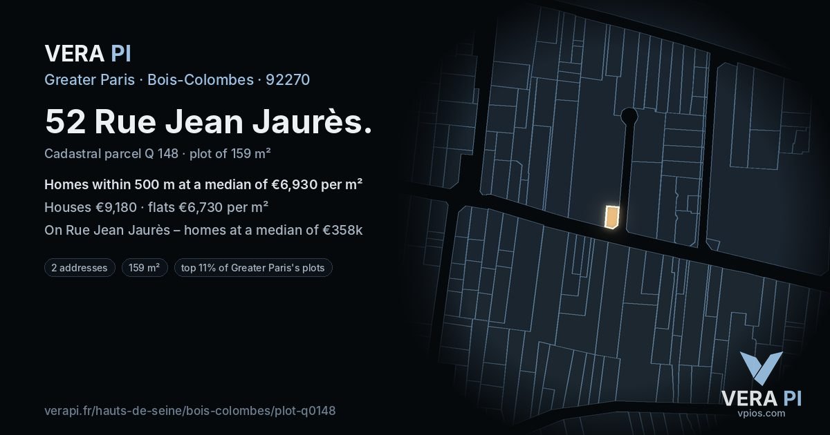 52 Rue Jean Jaurès, Bois-Colombes at night – the plot lit, the parcels around coloured by the prices near them