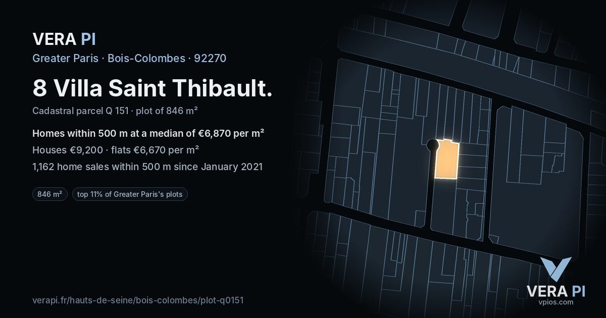 8 Villa Saint Thibault, Bois-Colombes at night – the plot lit, the parcels around coloured by the prices near them