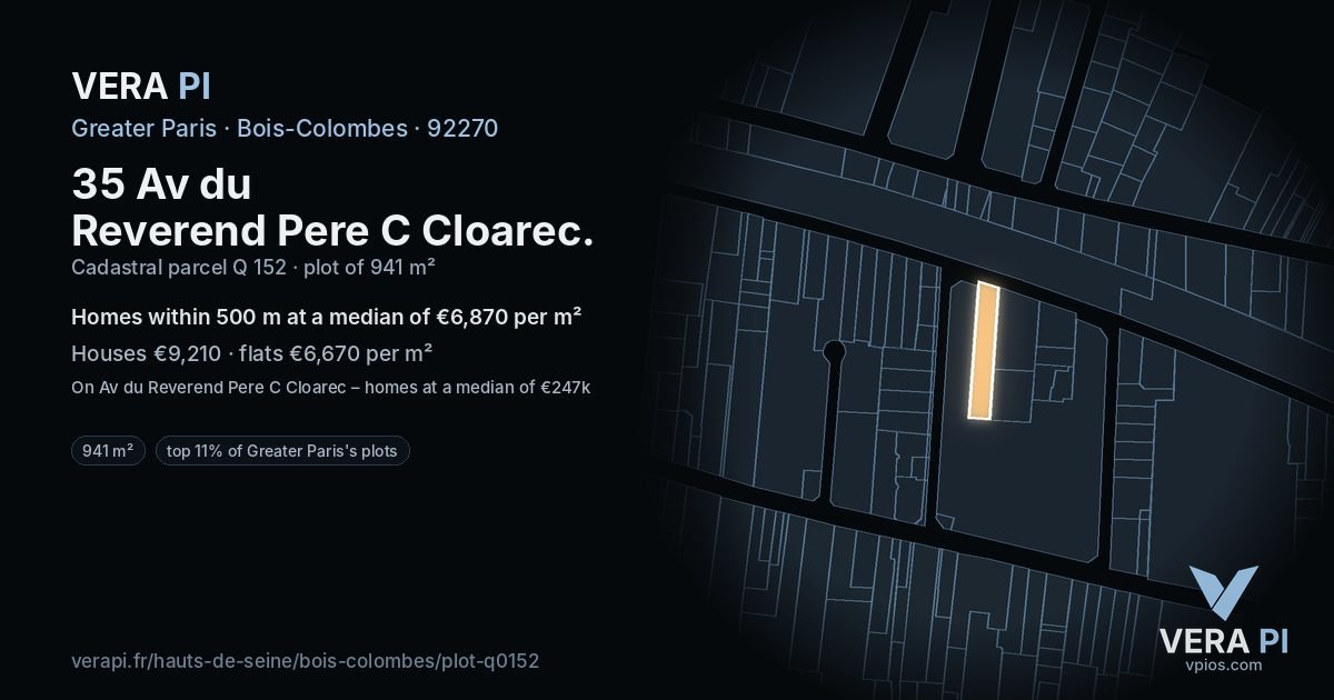35 Av du Reverend Pere C Cloarec, Bois-Colombes at night – the plot lit, the parcels around coloured by the prices near them