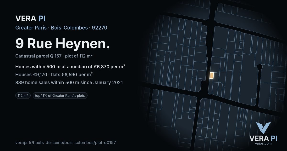 9 Rue Heynen, Bois-Colombes at night – the plot lit, the parcels around coloured by the prices near them