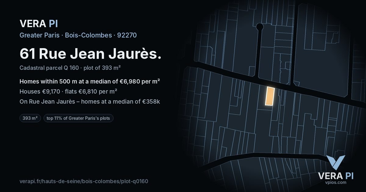 61 Rue Jean Jaurès, Bois-Colombes at night – the plot lit, the parcels around coloured by the prices near them