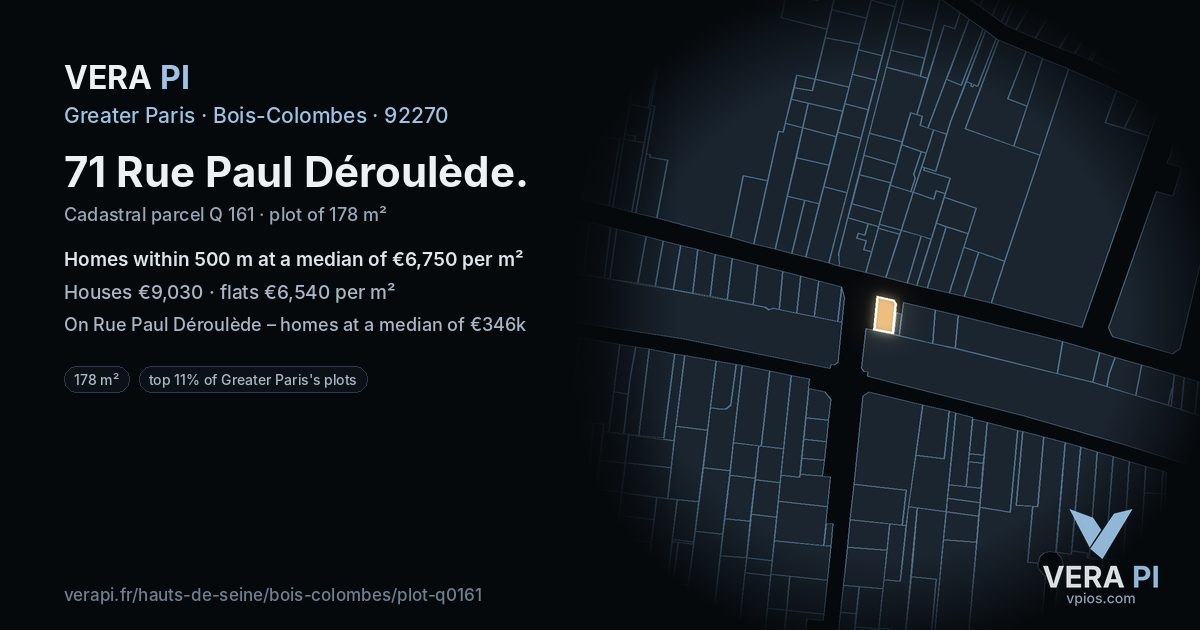 71 Rue Paul Déroulède, Bois-Colombes at night – the plot lit, the parcels around coloured by the prices near them