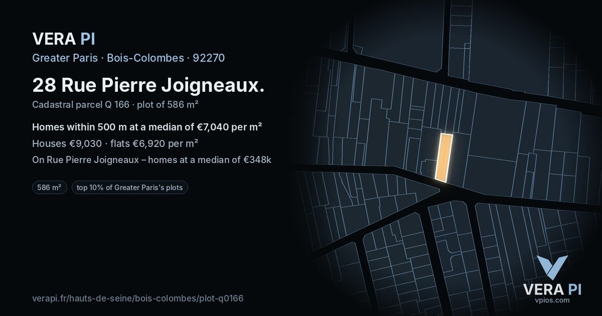 28 Rue Pierre Joigneaux, Bois-Colombes at night – the plot lit, the parcels around coloured by the prices near them