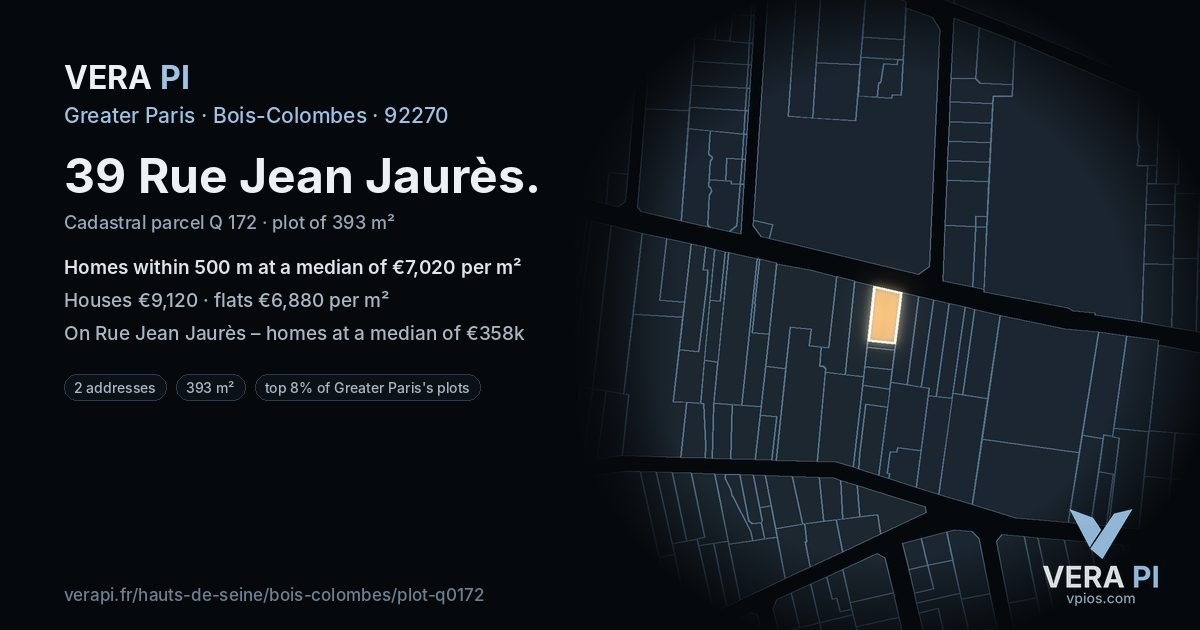 39 Rue Jean Jaurès, Bois-Colombes at night – the plot lit, the parcels around coloured by the prices near them
