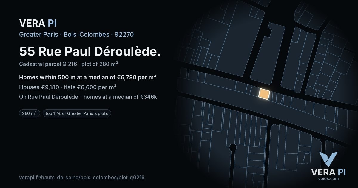 55 Rue Paul Déroulède, Bois-Colombes at night – the plot lit, the parcels around coloured by the prices near them