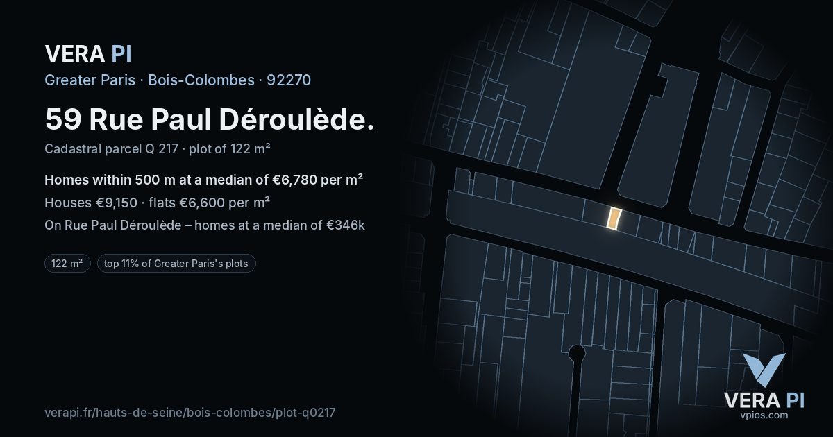 59 Rue Paul Déroulède, Bois-Colombes at night – the plot lit, the parcels around coloured by the prices near them