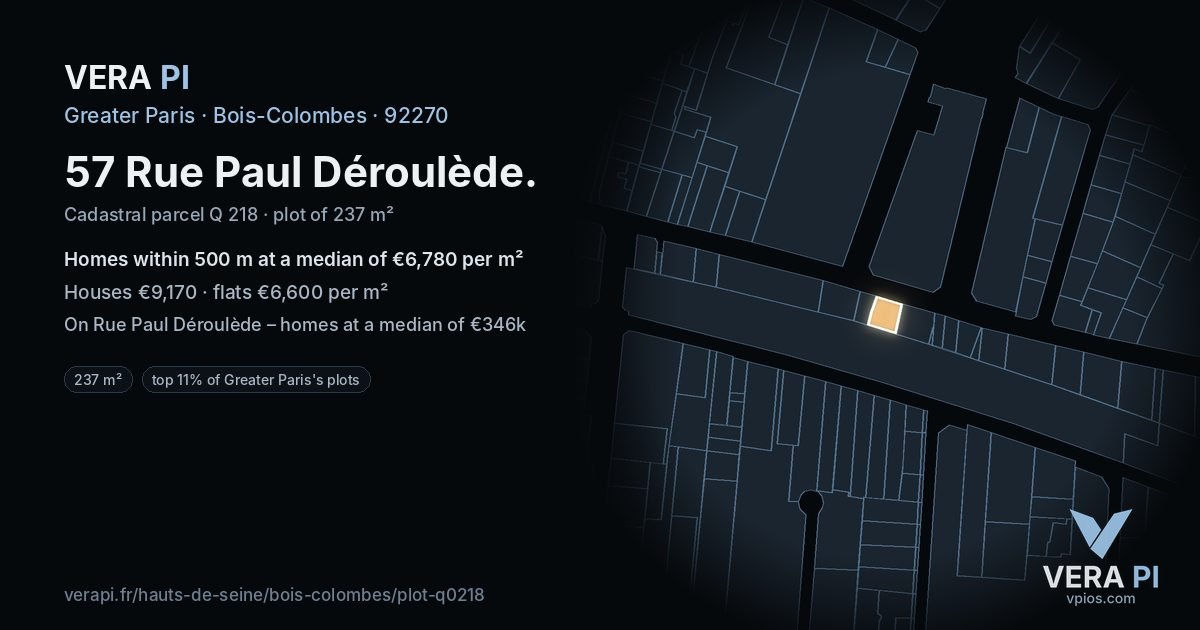 57 Rue Paul Déroulède, Bois-Colombes at night – the plot lit, the parcels around coloured by the prices near them