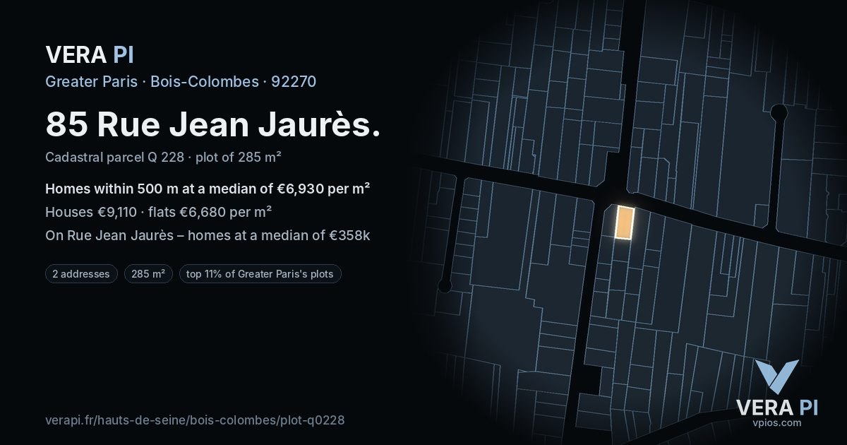 85 Rue Jean Jaurès, Bois-Colombes at night – the plot lit, the parcels around coloured by the prices near them