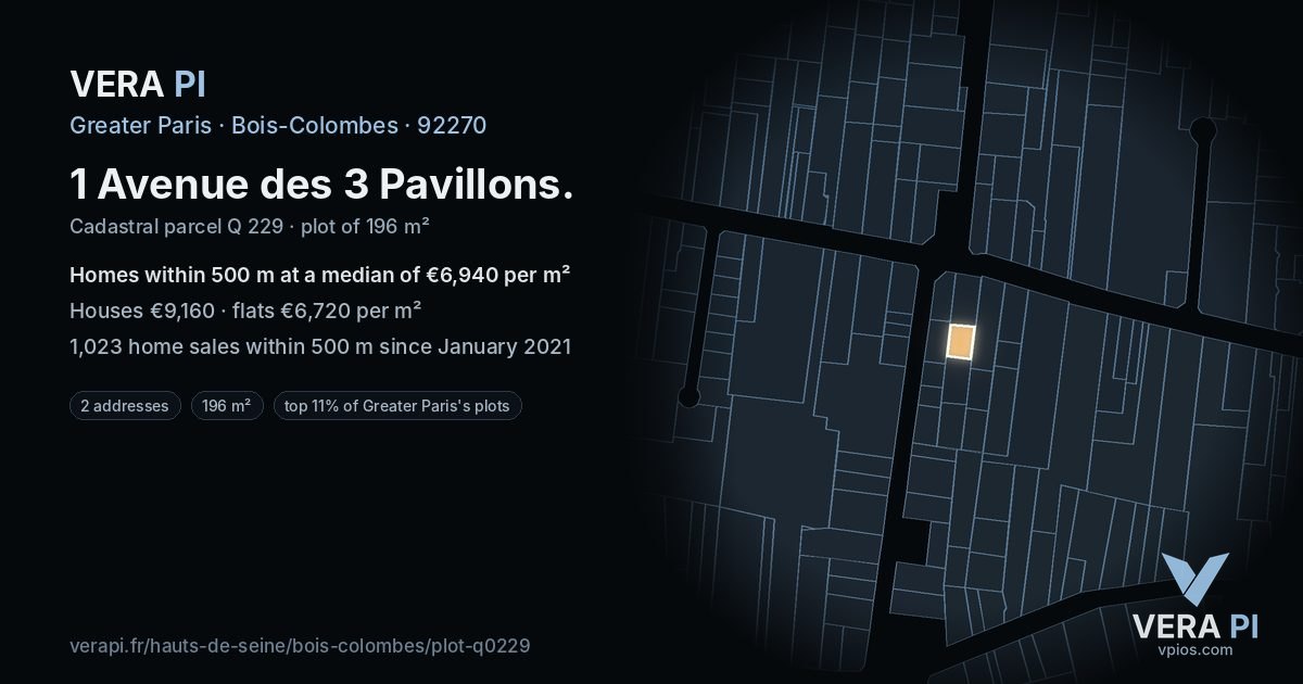 1 Avenue des 3 Pavillons, Bois-Colombes at night – the plot lit, the parcels around coloured by the prices near them