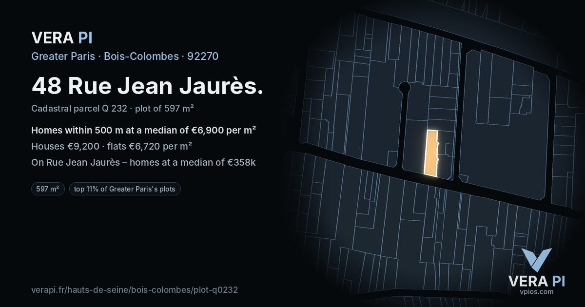 48 Rue Jean Jaurès, Bois-Colombes at night – the plot lit, the parcels around coloured by the prices near them