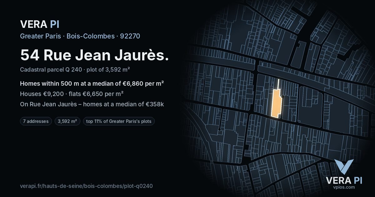 54 Rue Jean Jaurès, Bois-Colombes at night – the plot lit, the parcels around coloured by the prices near them