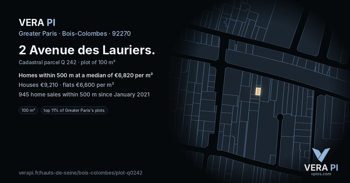 2 Avenue des Lauriers, Bois-Colombes at night – the plot lit, the parcels around coloured by the prices near them