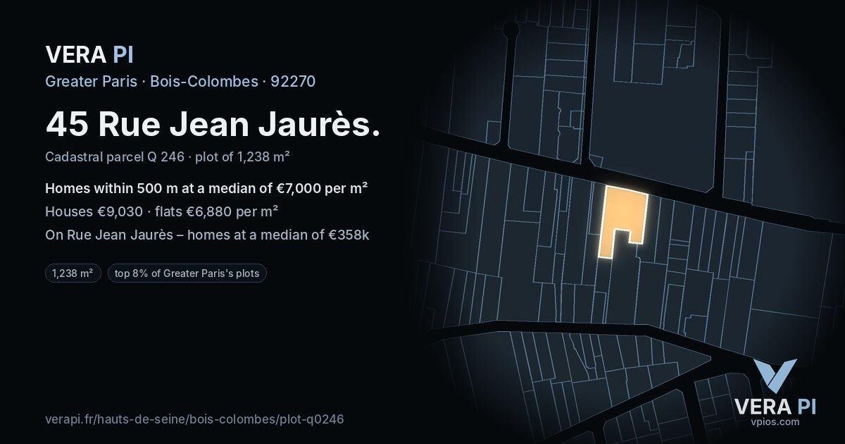45 Rue Jean Jaurès, Bois-Colombes at night – the plot lit, the parcels around coloured by the prices near them