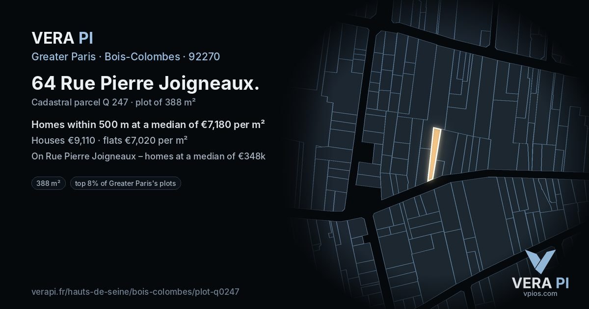 64 Rue Pierre Joigneaux, Bois-Colombes at night – the plot lit, the parcels around coloured by the prices near them