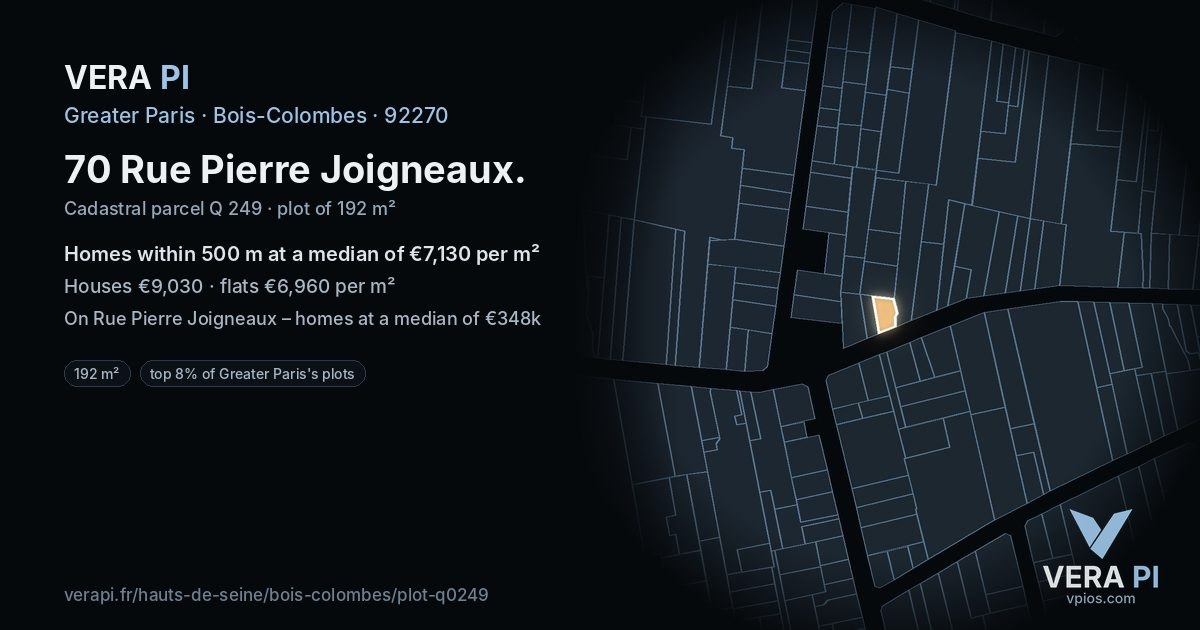 70 Rue Pierre Joigneaux, Bois-Colombes at night – the plot lit, the parcels around coloured by the prices near them