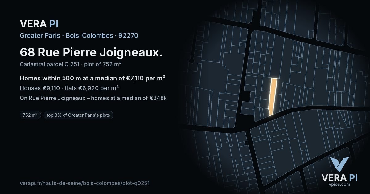 68 Rue Pierre Joigneaux, Bois-Colombes at night – the plot lit, the parcels around coloured by the prices near them