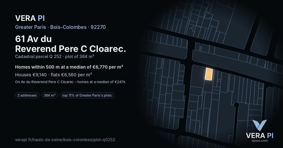 61 Av du Reverend Pere C Cloarec, Bois-Colombes at night – the plot lit, the parcels around coloured by the prices near them