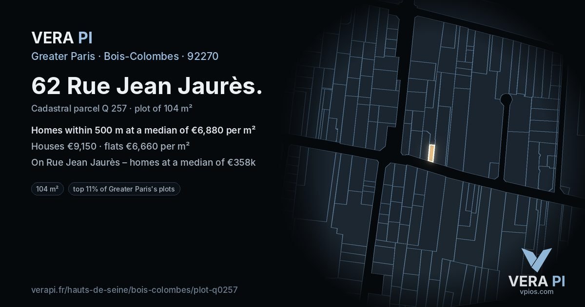 62 Rue Jean Jaurès, Bois-Colombes at night – the plot lit, the parcels around coloured by the prices near them