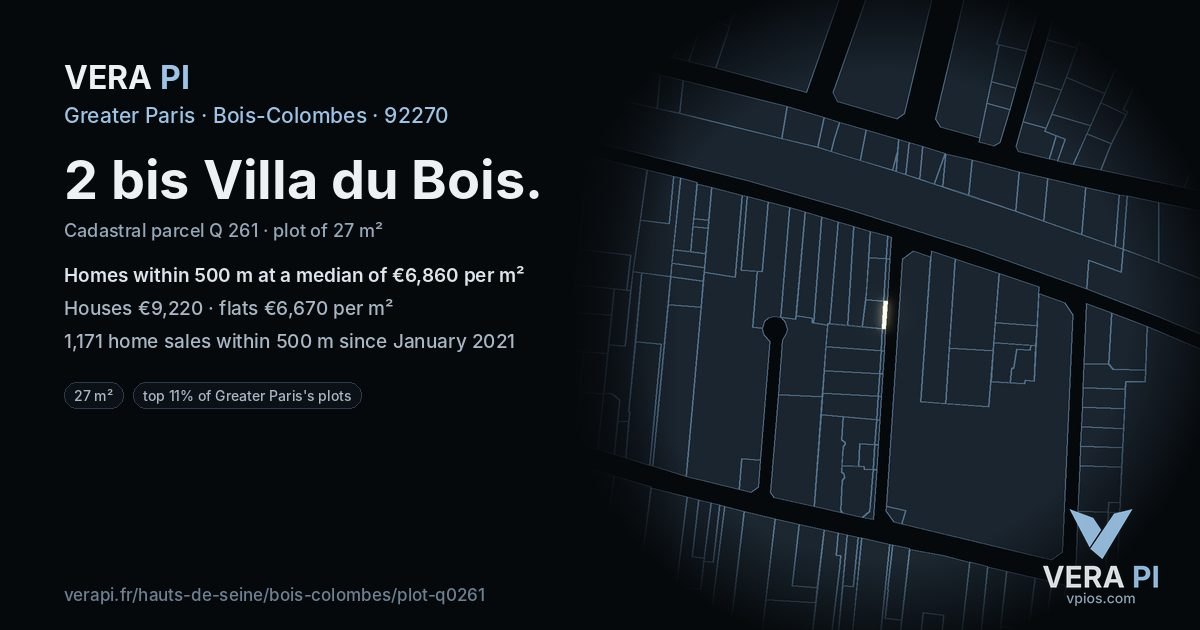 2 bis Villa du Bois, Bois-Colombes at night – the plot lit, the parcels around coloured by the prices near them