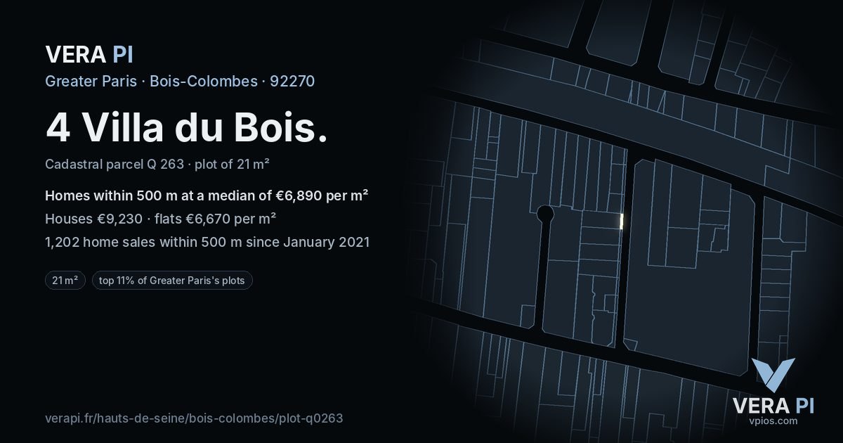 4 Villa du Bois, Bois-Colombes at night – the plot lit, the parcels around coloured by the prices near them