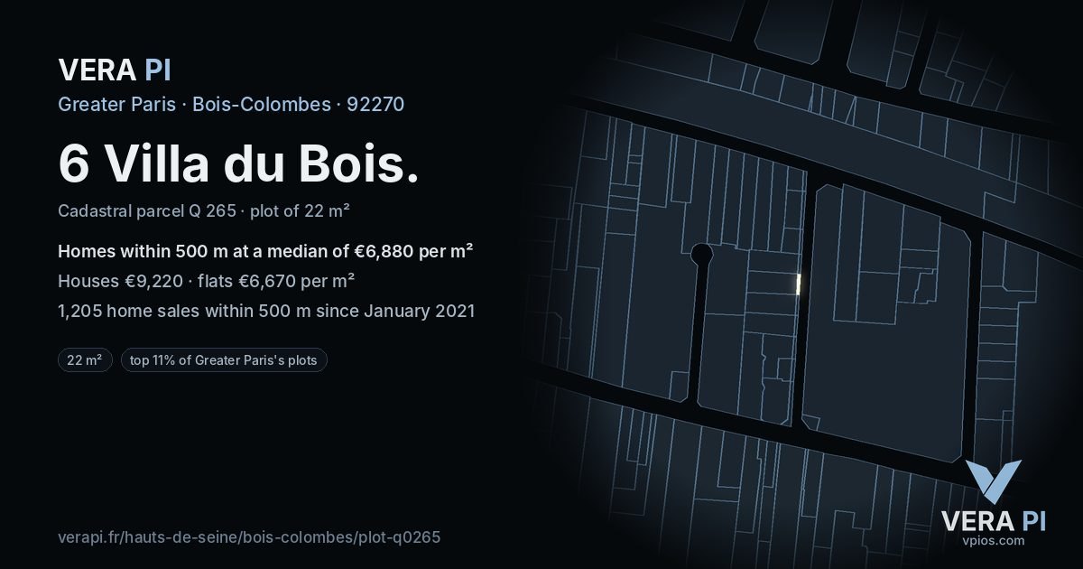 6 Villa du Bois, Bois-Colombes at night – the plot lit, the parcels around coloured by the prices near them