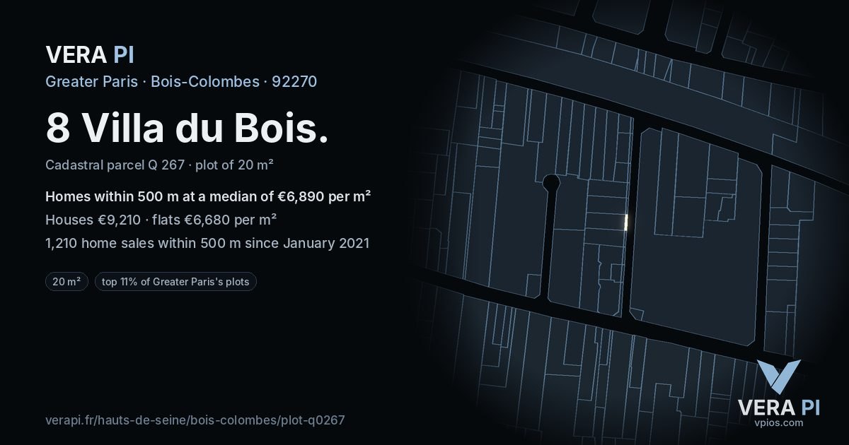 8 Villa du Bois, Bois-Colombes at night – the plot lit, the parcels around coloured by the prices near them