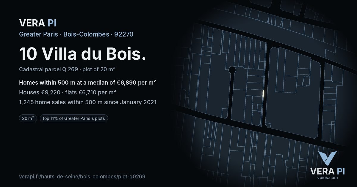10 Villa du Bois, Bois-Colombes at night – the plot lit, the parcels around coloured by the prices near them
