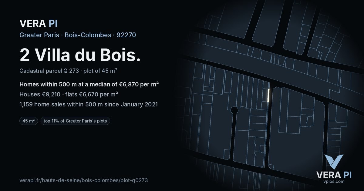 2 Villa du Bois, Bois-Colombes at night – the plot lit, the parcels around coloured by the prices near them