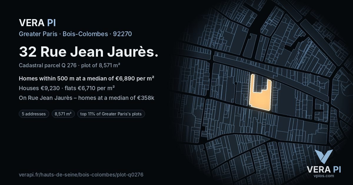 32 Rue Jean Jaurès, Bois-Colombes at night – the plot lit, the parcels around coloured by the prices near them
