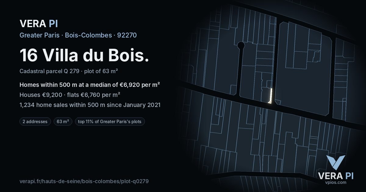 16 Villa du Bois, Bois-Colombes at night – the plot lit, the parcels around coloured by the prices near them