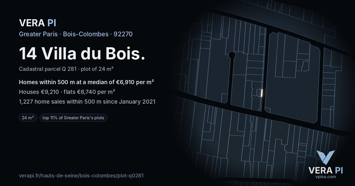 14 Villa du Bois, Bois-Colombes at night – the plot lit, the parcels around coloured by the prices near them