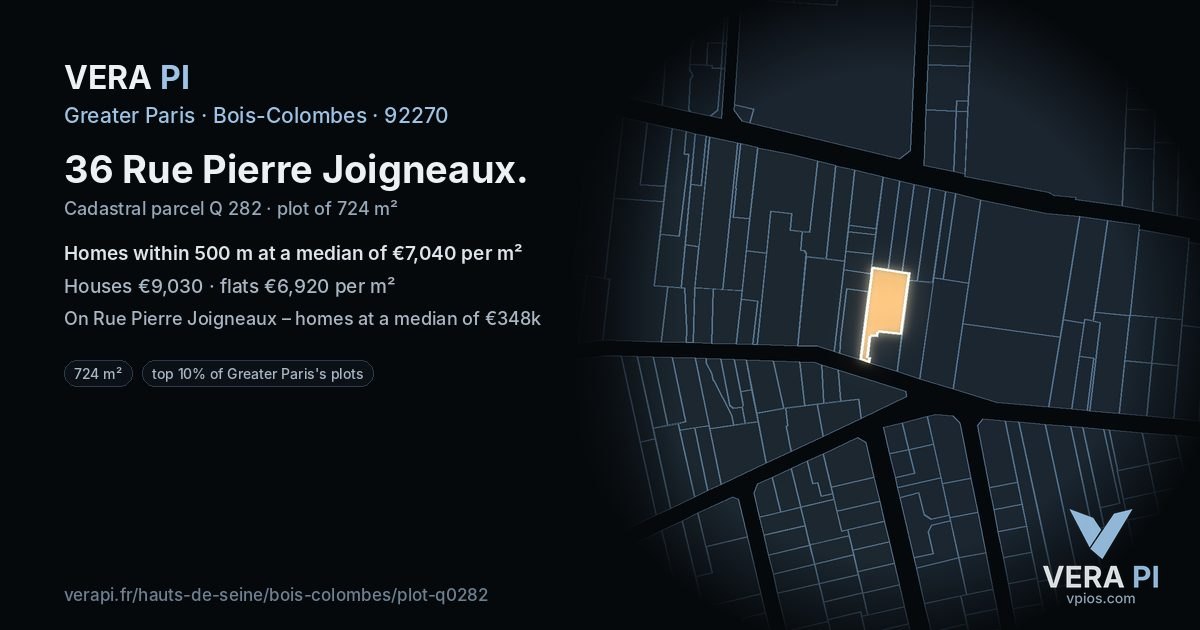 36 Rue Pierre Joigneaux, Bois-Colombes at night – the plot lit, the parcels around coloured by the prices near them