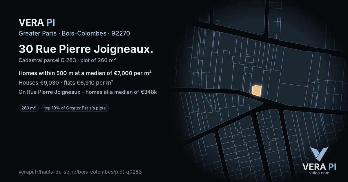 30 Rue Pierre Joigneaux, Bois-Colombes at night – the plot lit, the parcels around coloured by the prices near them