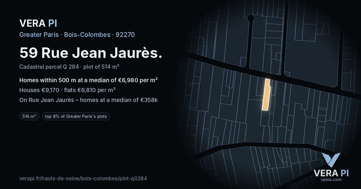 59 Rue Jean Jaurès, Bois-Colombes at night – the plot lit, the parcels around coloured by the prices near them