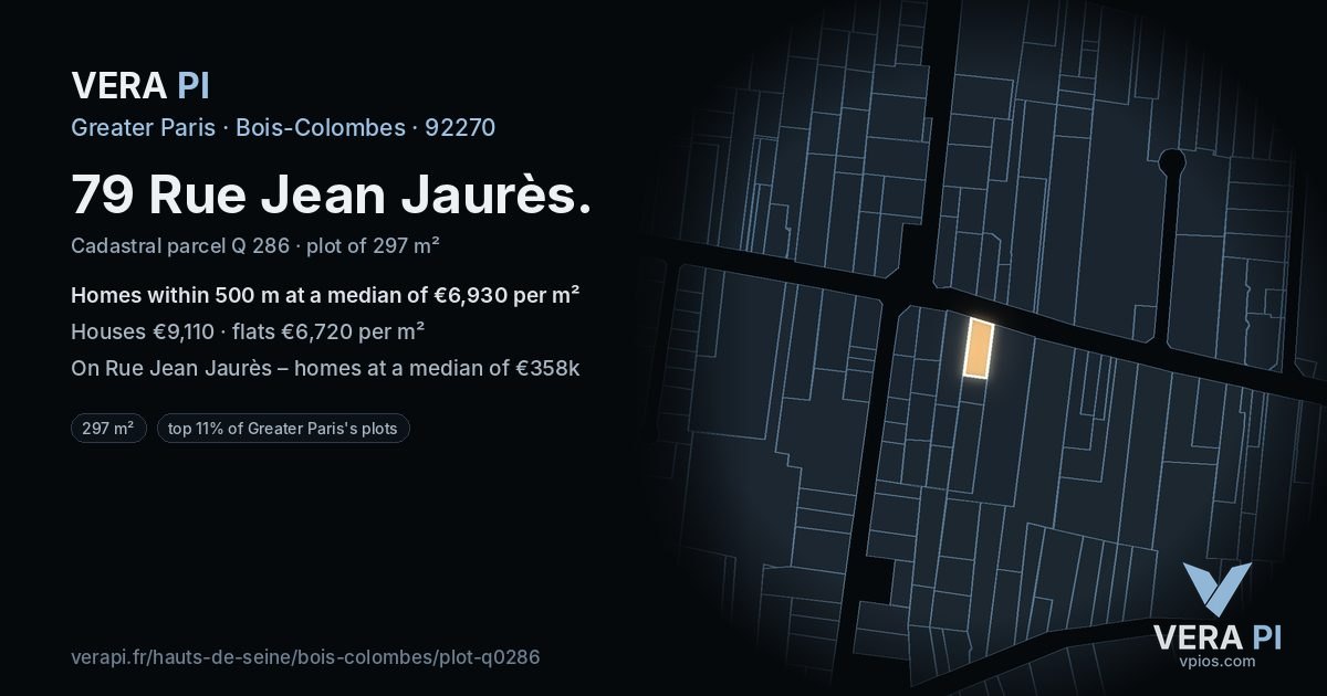 79 Rue Jean Jaurès, Bois-Colombes at night – the plot lit, the parcels around coloured by the prices near them