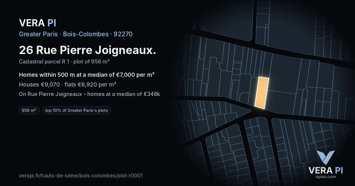 26 Rue Pierre Joigneaux, Bois-Colombes at night – the plot lit, the parcels around coloured by the prices near them